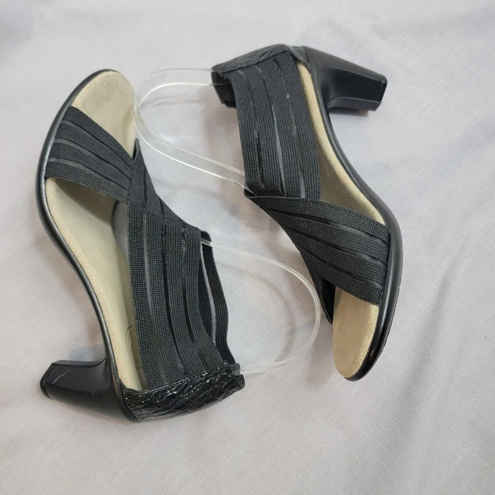 Charleston Shoe Co NEW Black Elastic Strappy Sandals Heels Croc Embossed Heel 9